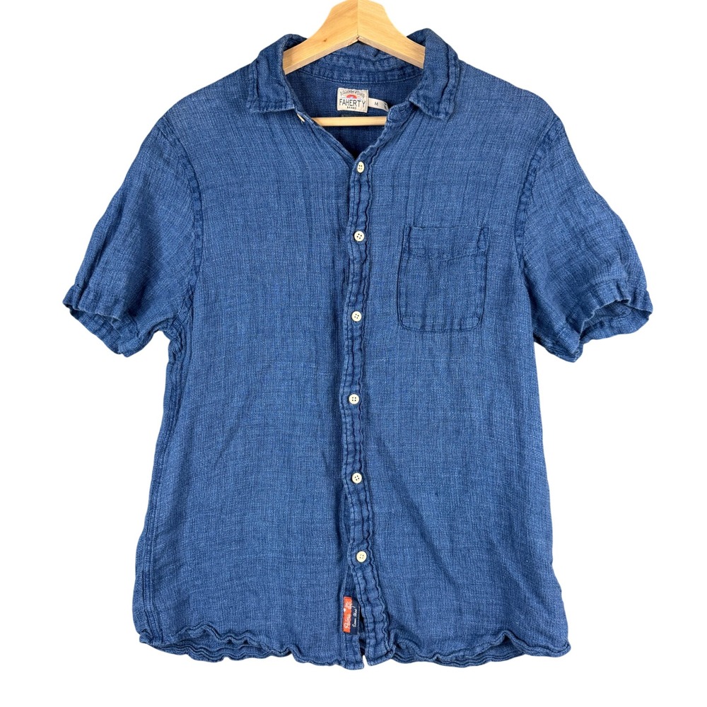 Faherty Palma Linen Shirt Mens Medium Blue Indigo Dyed Short Sleeve MWS2344-IGB